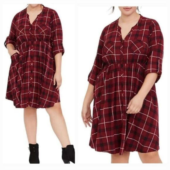 Torrid Red & Black Plaid Knee Length Button Down Shirt Dress size 2 or 2X - Picture 1 of 14